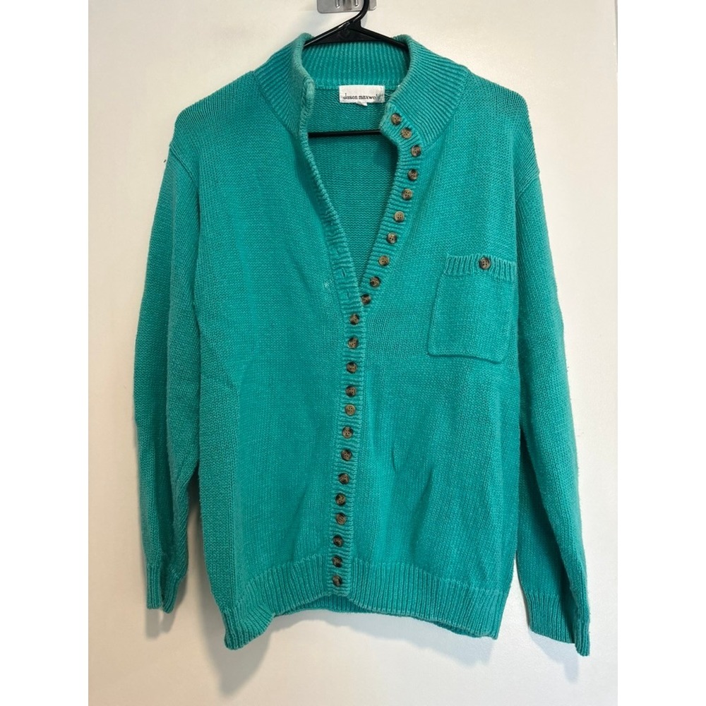 Jason Maxwell Vintage Cottagecore Cardigan Sweater Sz:S Teal Button Front Ramie